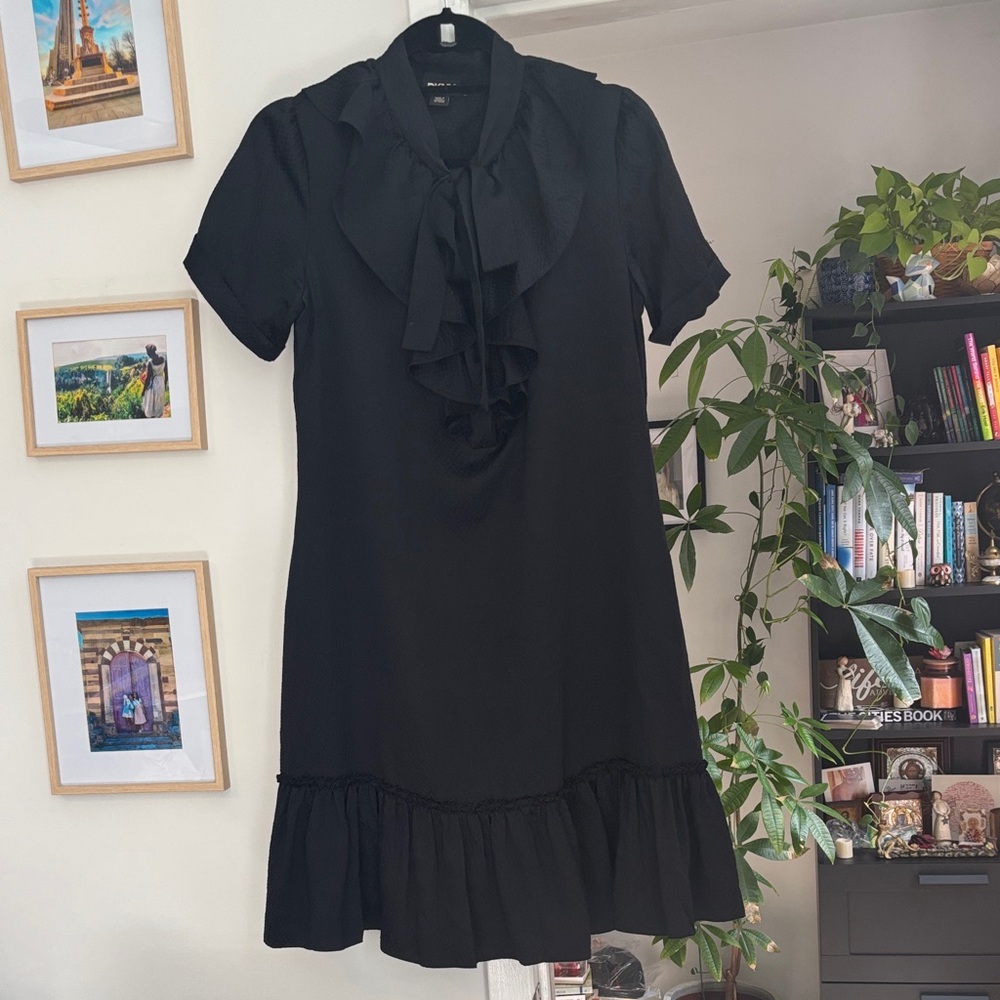 Dkny Black Ruffle Tie-Neck Mini Dress